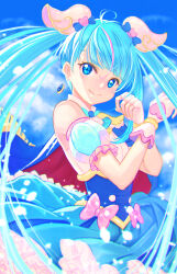 Rule 34 | 1girl, blue cape, blue dress, blue eyes, blue hair, blue sky, brooch, cape, closed mouth, cloud, cloudy sky, commentary, cowboy shot, cure sky, cut bangs, day, detached sleeves, dress, earrings, fingerless gloves, frilled dress, frills, fringe trim, gloves, highres, hirogaru sky! precure, jewelry, jj (ssspulse), light particles, long hair, looking at viewer, magical girl, multicolored hair, outdoors, pink hair, precure, puffy detached sleeves, puffy sleeves, red cape, short dress, single sidelock, sky, sleeveless, sleeveless dress, smile, solo, sora harewataru, standing, streaked hair, twintails, two-sided cape, two-sided fabric, two-tone hair, very long hair, white gloves, wind, wing brooch, wing hair ornament