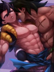 Rule 34 | 2boys, abs, bara, bare pectorals, black eyes, black hair, broly (dragon ball super), couple, cross scar, dark-skinned male, dark skin, dragon ball, dragon ball super, gogeta, gureshi db, highres, imminent bite, male focus, medium hair, multiple boys, muscular, muscular male, navel, nipples, pectorals, scar, scar on chest, short hair, sleeveless, spiked hair, stomach, sweatdrop, thick eyebrows, topless male, undressing another, yaoi