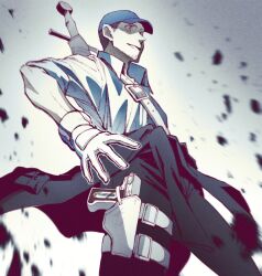 Rule 34 | 1boy, baseball cap, belt buckle, black hair, black pants, blue hat, buckle, clothes around waist, collared shirt, commentary request, cowboy shot, debris, evoker, facial hair, gloves, hat, holster, iori junpei, jacket, jacket around waist, male focus, open hand, pants, parted lips, persona, persona 3, persona 3 reload, shirt, short hair, shoulder belt, sleeves rolled up, solo, sword, takakura (54baaaan), thigh holster, weapon, weapon on back