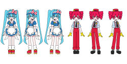 Rule 34 | 2girls, absurdres, apron, back bow, black footwear, black necktie, blue dress, blue eyes, blue hair, blush stickers, bow, channel ( caststation), character sheet, collar, collared shirt, dress, drill hair, frilled dress, frills, gloves, grey socks, hat, hat bow, hatsune miku, highres, kasane teto, long hair, loose socks, mesmerizer (vocaloid), multiple girls, name tag, necktie, open mouth, pants, puffy short sleeves, puffy sleeves, red eyes, red footwear, red hair, red hat, red pants, roller skates, shirt, short sleeves, skates, smile, smiley face, socks, sparkling eyes, striped bow, striped clothes, striped dress, striped shirt, suspenders, twin drills, twintails, utau, vertical-striped clothes, vertical-striped dress, vertical-striped shirt, very long hair, visor cap, vocaloid, waist apron, white apron, white collar, white socks, wrist cuffs, yellow gloves