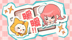 &gt;_&lt; 1girl animal beret blush_stickers bow bowtie braid capelet cat character_name checkered_background chinese_commentary clothed_animal commentary_request hands_on_own_chin happy hat head_only highres hood hood_up hooded_capelet lihua_luoling long_hair low_twin_braids mini_hat momo_(nikki) nikki_(nikki) nikki_(series) open_mouth outline pink_background pink_hair red_bow red_bowtie shining_nikki smile traditional_bowtie twin_braids whiskers white_cat white_hat white_outline yellow_capelet