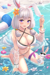 Rule 34 | 1girl, :3, animal ears, barefoot, beach, bikini, blunt tresses, blush, bracelet, breasts, carrot hair ornament, chang&#039;e, chinese mythology, cleavage, collarbone, flower, food-themed hair ornament, hair flower, hair ornament, innertube, jewelry, keikei (kitty colors), large breasts, leg ribbon, long hair, long sleeves, looking at viewer, navel, o-ring, o-ring bikini, off shoulder, open mouth, orange flower, partially submerged, petals, pink flower, purple eyes, purple ribbon, rabbit, rabbit ears, ribbon, seashell, see-through, shell, silver hair, sitting, solo, starfish, sunglasses, swim ring, swimsuit, toes, wariza, water, wet, wet clothes, white bikini, white flower, yellow flower