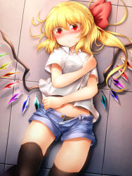 Rule 34 | 1girl, alternate costume, black panties, black thighhighs, blonde hair, blush, camisole, commentary request, contemporary, cowboy shot, crystal, denim, denim shorts, eyes visible through hair, fang, fang out, flandre scarlet, floor, from above, hair between eyes, hair ribbon, hand up, head tilt, highres, long hair, looking at viewer, lying, marukyuu ameya, midriff, nail polish, no headwear, nose blush, on back, one side up, open fly, panties, pink nails, red eyes, red ribbon, ribbon, school uniform, see-through, shadow, shirt, short shorts, short sleeves, shorts, solo, thighhighs, thighs, touhou, translation request, unbuttoned, underwear, white shirt, wing collar, wings
