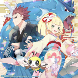 Rule 34 | 1boy, 1girl, artist request, blonde hair, blue skirt, blush, check artist, closed mouth, commentary request, creatures (company), crossed arms, eyelashes, floral print, game freak, gen 1 pokemon, gen 7 pokemon, green eyes, gyarados, hair ornament, highres, holding, japanese clothes, kimono, lance (new year&#039;s 2021) (pokemon), lance (pokemon), lillie (new year&#039;s 2021) (pokemon), lillie (pokemon), long hair, looking at viewer, nintendo, official alternate costume, official art, open mouth, outstretched arms, pleated skirt, pokemon, pokemon (creature), pokemon masters ex, pouch, red hair, ribombee, sash, skirt, smile, spiked hair, teddy (khanshin), tongue, watermark, wide sleeves, yellow kimono