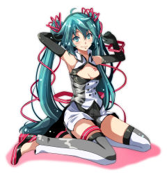 Rule 34 | 1girl, absurdly long hair, adjusting hair, ahoge, anniversary, aqua eyes, aqua hair, arm behind head, armpits, arms up, artist name, artist request, back ribbon, bare shoulders, birthday, black footwear, black gloves, black high heels, black jacket, blue eyes, blue hair, bracelet, breast tattoo, breasts, buttons, cable, cleavage, cleavage cutout, closed mouth, clothing cutout, commentary request, detached pants, elbow gloves, female focus, full body, gloves, gradient hair, grey legwear, grey shorts, grey skirt, hair ribbon, happy birthday, hatsune miku, high collar, high heels, highres, index finger raised, jacket, jewelry, long hair, looking at viewer, multicolored hair, nijigen dream fever (vocaloid), no socks, parted lips, pink footwear, pink high heels, project diva, project diva (series), red ribbon, ribbon, shoes, shorts, simple background, sitting, skirt, sleeveless, sleeveless jacket, small breasts, smile, solo, tattoo, thigh strap, tsukishiro saika, twintails, two-tone legwear, two-tone shorts, two-tone skirt, very long hair, vocaloid, white background, white legwear, white shorts, white skirt, wing collar, yokozuwari