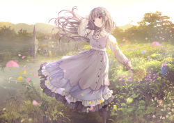 Rule 34 | 1girl, arm behind head, arm up, backlighting, black footwear, blue flower, boots, bouquet, brown hair, collared shirt, commentary, dress, dress shirt, english commentary, floating hair, flower, hair flower, hair ornament, highres, holding, holding bouquet, knee boots, long hair, long sleeves, missile228, original, puffy long sleeves, puffy sleeves, purple dress, purple eyes, purple flower, reflection, shirt, sleeveless, sleeveless dress, solo, standing, standing on one leg, towel, very long hair, water, white flower, white shirt, yellow flower