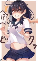 Rule 34 | 1girl, absurdres, black hair, blue serafuku, blue skirt, blush, breasts, brown eyes, commentary request, crying, crying with eyes open, groin, hair between eyes, hair ornament, hibiki (zerocodo), highres, kantai collection, large breasts, long hair, looking at viewer, navel, pleated skirt, sailor collar, scared, school uniform, serafuku, shirt, short sleeves, skirt, solo focus, tears, teeth, two-tone background, ushio (kancolle), white background