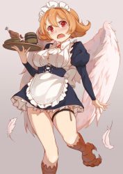 Rule 34 | 1girl, apron, bird legs, black dress, blush, breasts, brown hair, chicken leg, collared shirt, commentary request, cup, dress, feathered wings, feathers, frilled apron, frills, hair between eyes, hand up, harpy, highres, holding, holding tray, ishuzoku reviewers, juliet sleeves, large breasts, long sleeves, looking at viewer, maid, maid headdress, meidri, monster girl, mug, open mouth, puffy sleeves, red eyes, shirt, short hair, solo, standing, standing on one leg, taka (0taka), thigh strap, tray, v-shaped eyebrows, waist apron, white apron, white feathers, white shirt, white wings, wings