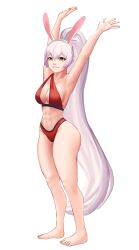 Rule 34 | 1girl, abs, absurdres, animal ears, armpits, arms up, ass, bikini, breasts, commentary, english commentary, full body, highres, large breasts, long hair, navel, original, ponytail, rabbit ears, red bikini, smile, solo, swimsuit, thick thighs, thighs, very long hair, white hair, yami akane, yellow eyes