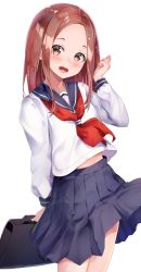 Rule 34 | 1girl, absurdres, blue sailor collar, blue skirt, blush, briefcase, brown hair, commentary, commission, cowboy shot, forehead, highres, holding, holding briefcase, karakai jouzu no takagi-san, long sleeves, looking at viewer, medium hair, neckerchief, open mouth, parted bangs, pixiv commission, pleated skirt, red neckerchief, sailor collar, school uniform, serafuku, shirt, sidelocks, simple background, skirt, solo, takagi-san, white background, white shirt, yuunamida uyu