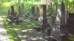 Rule 34 | commentary, dao dao, dappled sunlight, day, fence, flower, grass, grave, graveyard, no humans, outdoors, path, plant, potted plant, road, sunlight, tombstone, tree