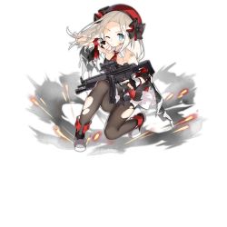 Rule 34 | 1girl, ankle boots, beret, black gloves, black pantyhose, blonde hair, blue eyes, blush, boots, braid, cloak, closed mouth, collared dress, dress, explosion, expressionless, fingerless gloves, floating hair, full body, girls&#039; frontline, gloves, gun, h&amp;k mp5, hat, heckler &amp; koch, holding, holding gun, holding weapon, holster, long hair, looking at viewer, mod3 (girls&#039; frontline), mp5 (girls&#039; frontline), mp5 (mod3) (girls&#039; frontline), necktie, off shoulder, official alternate costume, official art, on one knee, one eye closed, outstretched arm, pantyhose, ribbon, saru, serious, sidelocks, sleeveless, sleeveless dress, solo, submachine gun, thigh holster, thigh strap, torn clothes, torn pantyhose, transparent background, trigger discipline, weapon, white hair, wind, wiping face