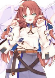 Rule 34 | 1girl, ahoge, arknights, dwarf, flag, green eyes, highres, jacket, long hair, long sleeves, midriff, myrtle (arknights), navel, open clothes, open jacket, open mouth, pointy ears, purple skirt, red hair, simple background, skirt, sleeves past wrists, smile, solo, tank top, tokoi, white background, white flag, white jacket, white tank top