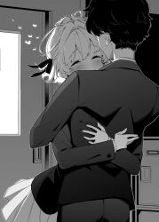 1boy 1girl ahoge blush character_request classroom closed_eyes giuniu greyscale hair_intakes hair_ribbon hand_on_another&#039;s_head heart hug jacket long_sleeves monochrome novel_illustration official_art otoko_girai_na_bijin_shimai_wo_namae_mo_tsugezu_ni_tasuketara_ittai_dounaru? pants pleated_skirt ribbon school_uniform second-party_source shinjou_aina_(otomai) short_hair skirt smile