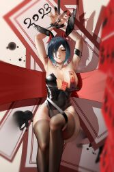 Rule 34 | 1girl, 2023, absurdres, alternate costume, animal ears, arms up, azur lane, black hair, black leotard, breasts, brown thighhighs, fake animal ears, highres, horns, large breasts, legs, leotard, lips, looking at viewer, mechanical horns, multicolored hair, nose, playboy bunny, rabbit ears, red horns, short hair, slit pupils, solo, strapless, strapless leotard, streaked hair, thighhighs, two-tone hair, ulrich von hutten (azur lane), weixiaoren, white hair, wrist cuffs, yellow eyes