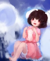 Rule 34 | 1girl, animal ears, bad id, bad pixiv id, barefoot, brown eyes, brown hair, rabbit, carrot, dress, highres, inaba tewi, jewelry, looking at viewer, maccha cocoa, maccha cocoa (mococo), necklace, open mouth, pendant, pink dress, pink skirt, puffy sleeves, rabbit ears, rabbit girl, rabbit tail, short sleeves, sitting, skirt, smile, solo, tail, touhou
