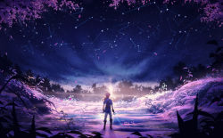 Rule 34 | 1boy, absurdres, arsh (thestarwish), belt, blonde hair, blue shirt, brown belt, brown footwear, commentary request, from behind, highres, holding, holding sword, holding weapon, link, long sleeves, medium hair, night, night sky, nintendo, outdoors, pants, petals, ponytail, scenery, shirt, sky, solo, standing, star (sky), sword, the legend of zelda, the legend of zelda: breath of the wild, tree, weapon, white pants