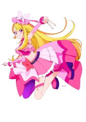 Rule 34 | 1girl, artist name, asymmetrical clothes, asymmetrical legwear, belt, blonde hair, boots, commentary, cure butterfly, eyelashes, hair ornament, happy, high heel boots, high heels, highres, hijiri ageha, hirogaru sky! precure, long hair, looking at viewer, magical girl, midriff, miniskirt, multicolored hair, nail polish, navel, orange hair, pantyhose, pink eyes, pink footwear, pink nails, pink pantyhose, pink shirt, pink skirt, precure, shirako love, shirt, simple background, single leg pantyhose, skirt, smile, solo, streaked hair, symbol-only commentary, twitter username, two-tone hair, v, very long hair, white background