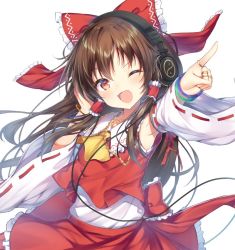 Rule 34 | 1girl, arm up, armpits, ascot, blush, bow, bracelet, brown eyes, brown hair, commentary request, cowboy shot, detached sleeves, frilled shirt collar, frills, hair bow, hair tubes, hakurei reimu, hand on headphones, hand up, head tilt, headphones, jewelry, long hair, long sleeves, one eye closed, open mouth, petticoat, pointing, red bow, red skirt, ribbon-trimmed sleeves, ribbon trim, sidelocks, simple background, skirt, smile, solo, topia, touhou, white background, wide sleeves, yellow ascot, yin yang, yin yang print