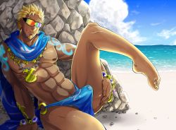 Rule 34 | 1boy, bara, barefoot, beach, blonde hair, bulge, chikaredi, cum, drooling, erection, erection under clothes, facial hair, glasses, jewelry, looking at viewer, male focus, naughty face, ocean, outdoors, pov, saliva, sweat, tongue, underwear, undressing, water, yaoi