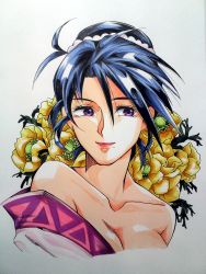 Rule 34 | 1girl, absurdres, aoi saturday, bare shoulders, blue hair, breasts, cleavage, flower, highres, komagata yumi, lips, marker (medium), mole, portrait, purple eyes, rurouni kenshin, simple background, smile, traditional media, white background