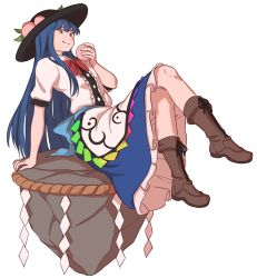 Rule 34 | 1girl, apron, blouse, blue hair, blue skirt, boots, bow, brown footwear, commentary, crossed legs, food, frills, fruit, full body, hat, highres, hinanawi tenshi, holding, keystone, leaning back, long hair, looking at viewer, mefomefo, peach, red eyes, rope, sash, shide, shimenawa, shirt, simple background, sitting, skirt, smile, solo, touhou, very long hair