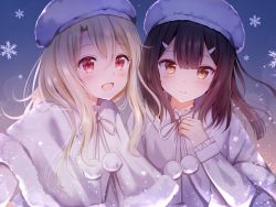 Rule 34 | 2girls, :d, blonde hair, blush, brown hair, capelet, closed mouth, commentary, fate/kaleid liner prisma illya, fate (series), frilled sleeves, frills, fur-trimmed capelet, fur hat, fur trim, gradient background, hair ornament, hairclip, hand on own chest, hat, illyasviel von einzbern, lens flare, long hair, long sleeves, looking at viewer, miyu edelfelt, multiple girls, nasii, open mouth, pom pom (clothes), red eyes, revision, ribbon, smile, snowflakes, upper body, white capelet, white headwear, white ribbon, yellow eyes