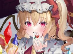 Rule 34 | 1girl, blonde hair, commentary request, cropped, crystal, flandre scarlet, food, fruit, hat, highres, holding, holding food, looking at viewer, medium hair, mob cap, one side up, red eyes, solo, strawberry, touhou, unfinished, upper body, usushio, white hat, wings