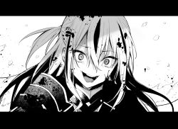 Rule 34 | 1girl, armor, blood, blood on face, breasts, collar, crazy eyes, crazy smile, danimaru, fate/grand order, fate (series), greyscale, hair between eyes, japanese armor, koha-ace, letterboxed, long hair, long sleeves, looking at viewer, medium breasts, metal collar, monochrome, multicolored hair, nagao kagetora (fate), open mouth, petals, ringed eyes, shoulder armor, sidelocks, smile, sode, solo, two-tone hair, very long hair, wide-eyed