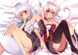 Rule 34 | 2girls, absurdres, anceril sacred, animal ears, aqua eyes, bed sheet, black legwear, black skirt, blue hair, blush, bow, breasts, cat ears, cat tail, choker, cleavage, collar, collarbone, fang, fox ears, fox tail, green eyes, green ribbon, hair between eyes, highres, long hair, lying, medium breasts, mishima kurone, multiple girls, off shoulder, on side, open mouth, original, pink hair, pleated skirt, red eyes, ribbon, silver hair, skirt, sleeveless, small breasts, smile, strapless, sweater, tail, thighhighs, tierra azur, very long hair, zettai ryouiki