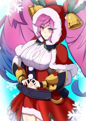 Rule 34 | 1girl, bell, blue hair, breasts, cape, christmas, cleo (dragalia lost), dragalia lost, hat bell, highres, hood, large breasts, long hair, looking back, multicolored hair, santa costume, smile, snow, snowflakes, twintails, very long hair
