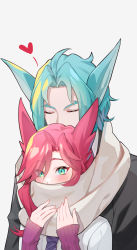 Rule 34 | 1boy, 1girl, animal ears, blue necktie, blush, chibi vanille, closed eyes, couple, green hair, hands up, heart, height difference, hetero, highres, league of legends, long sleeves, necktie, pointy ears, rakan (league of legends), red hair, scarf, simple background, striped necktie, white background, xayah