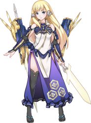 Rule 34 | 1girl, artist request, bare shoulders, blonde hair, blue eyes, detached sleeves, dual wielding, full body, hair ornament, holding, holding sword, holding weapon, long hair, odani (oshiro project), official art, oshiro project:re, oshiro project:re, sheath, sheathed, smile, sword, thighhighs, transparent background, weapon