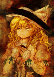 Rule 34 | 1girl, blonde hair, braid, curiosities of lotus asia, female focus, hands on own chest, hat, hat ribbon, kirisame marisa, kutouten, long hair, ribbon, single braid, solo, touhou, witch, witch hat, yellow eyes