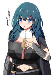 Rule 34 | 1girl, absurdres, blue eyes, blue hair, breasts, byleth (female) (fire emblem), byleth (fire emblem), clothing cutout, dagger, fire emblem, fire emblem: three houses, hand on own chest, highres, huge breasts, knife, light xion, navel cutout, nintendo, open mouth, simple background, solo, tagme, translated, weapon