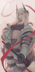 Rule 34 | 1girl, arknights, bare shoulders, black gloves, commentary request, cowboy shot, crop top, gloves, grey background, hammer, highres, holding, holding hammer, holding weapon, horns, long hair, long sleeves, looking at viewer, midriff, mudrock (arknights), mudrock (elite ii) (arknights), navel, navi (ivan), off shoulder, pointy ears, red eyes, solo, sports bra, standing, stomach, weapon, white hair