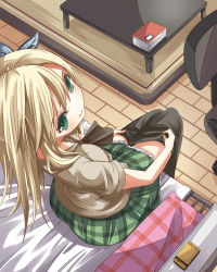 Rule 34 | 10s, 1girl, ascot, black pantyhose, blonde hair, boku wa tomodachi ga sukunai, book, butterfly hair ornament, cellphone, chair, clothes pull, flower, from above, green eyes, gurasion (gurasion), hair ornament, highres, kashiwazaki sena, looking at viewer, looking back, mattress, no nose, pantyhose, pantyhose pull, perspective, phone, plaid, plaid skirt, school uniform, shirt, skirt, smirk, solo, table, thighhighs, thighhighs pull