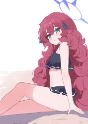 Rule 34 | absurdres, anma21, bikini, bikini skirt, black bikini, black bow, blue archive, blush, bow, expressionless, feet out of frame, grey eyes, hair bow, halo, highres, iroha (blue archive), long hair, looking at viewer, looking to the side, no headwear, red hair, sitting, solo, swimsuit, very long hair, wavy hair