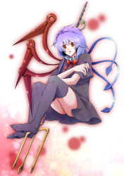Rule 34 | 1girl, ass, asymmetrical wings, bad id, bad pixiv id, black thighhighs, dress, female focus, full body, gradient background, highres, houjuu nue, k hakusei, polearm, purple hair, red eyes, short hair, sitting, solo, spear, thighhighs, touhou, trident, weapon, white background, wings, zettai ryouiki