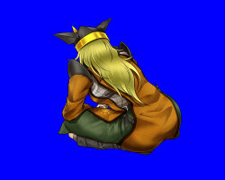 Rule 34 | 1girl, black footwear, black headwear, blonde hair, blue background, boots, breasts, commentary request, from behind, full body, green skirt, holding, large breasts, long hair, long sleeves, manatsu no yo no inmu, matara okina, orange tabard, ryuuichi (f dragon), simple background, skirt, solo, squatting, tabard, touhou, very long hair