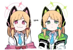 Rule 34 | 2girls, :3, animal ear headphones, animal ears, aqua bow, bbyong403, blonde hair, blue archive, blue necktie, bow, bright pupils, cat ear headphones, closed mouth, collared shirt, commentary, fake animal ears, green eyes, green jacket, hair bow, halo, headphones, hood, hooded jacket, jacket, jacket partially removed, korean text, light blush, long sleeves, looking at viewer, medium hair, midori (blue archive), momoi (blue archive), multicolored clothes, multicolored jacket, multiple girls, necktie, pink eyes, pink jacket, red bow, shirt, siblings, simple background, sisters, translated, twins, upper body, white jacket, white shirt