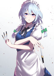 Rule 34 | 1girl, absurdres, apron, black neckwear, blue dress, blush, bow, crossed arms, dress, eyes visible through hair, gradient background, green bow, hair between eyes, hands up, highres, izayoi sakuya, keenii (kenny86), knife, looking at viewer, maid, maid apron, maid headdress, purple eyes, short hair, short sleeves, silver hair, simple background, solo, touhou, white background, white sleeves