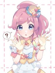 Rule 34 | 1girl, :o, ?, bad id, bad twitter id, blue eyes, commentary request, detached collar, gloves, hands up, hat, heart, highres, inactive account, jacket, kiratto pri chan, long hair, looking at viewer, mini hat, momoyama mirai, open mouth, pink hair, ponytail, pretty series, shirt, shiyurinpu, sidelocks, solo, spoken question mark, white background, white shirt, yellow gloves, yellow jacket