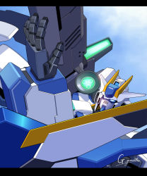 Rule 34 | aiming, artist name, blue eyes, close-up, g.yamamoto, glowing, glowing eyes, gundam, gundam 00 sky moebius, gundam build diver rize, gundam build divers, gundam build divers re:rise, gundam destiny sky, highres, letterboxed, looking up, mecha, no humans, robot, science fiction, sky, solo, v-fin