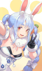 Rule 34 | 1girl, animal ear fluff, animal ears, armpits, bibimbub, black bra, black gloves, blue hair, bow, bra, braid, breasts, carrot hair ornament, cleavage, commentary, detached sleeves, english commentary, food-themed hair ornament, fur-trimmed gloves, fur trim, gloves, hair bow, hair ornament, highres, hololive, long hair, looking at viewer, multicolored hair, open mouth, orange eyes, rabbit ears, selfie, short sleeves, sidelocks, small breasts, smile, solo, teeth, thick eyebrows, twintails, underwear, upper teeth only, usada pekora, usada pekora (1st costume), v, virtual youtuber, white bow, white hair