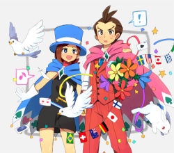 Rule 34 | !, 1boy, 1girl, :d, ace (playing card), ace attorney, ace of spades, antenna hair, apollo justice, arm at side, arms at sides, bird, black dress, blue cape, blue eyes, blue flower, blue headwear, blue necktie, blush, brooch, brother and sister, brown eyes, brown hair, buttons, cape, card, club (shape), confetti, diamond (shape), diamond button, dot nose, dress, flower, forked eyebrows, formal, gem, gloves, green gemstone, half-siblings, hat, heart, jewelry, juukyuu mame, musical note, necktie, open mouth, orange flower, pants, pink cape, playing card, print cape, purple flower, red flower, red pants, red scarf, red suit, red vest, ribbon, scarf, shirt, short dress, short hair, siblings, smile, spade (shape), spoken exclamation mark, spoken musical note, suit, surprised, sweat, swept bangs, top hat, trucy wright, two of diamonds, v-shaped eyebrows, vest, white bird, white gloves, white rabbit (animal), white shirt, yellow flower