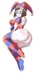 Rule 34 | 1girl, ass, breasts, curvy, freckles, hat, highres, holding own arm, huge ass, jester, jester cap, large breasts, looking at viewer, lying, on side, pomni (the amazing digital circus), the amazing digital circus, ytrall