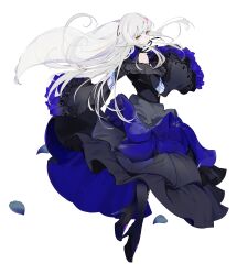 Rule 34 | 1girl, absurdres, bang dream!, black footwear, black nails, black ribbon, blue dress, boots, cevio, clothing cutout, dress, frilled dress, frilled sleeves, frills, from behind, gradient hair, grey dress, grey hair, hand up, high heel boots, high heels, highres, long dress, long hair, long sleeves, looking at viewer, looking back, multicolored hair, neck ribbon, official art, psd available, purple footwear, ribbon, shoulder cutout, sidelocks, sleeves past wrists, solo, straight hair, tachi-e, very long hair, white hair, wide sleeves, yellow eyes, yonemuro, yumenokessho rose