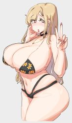 Rule 34 | 1girl, bare shoulders, bead bracelet, beads, bikini, black choker, blonde hair, blush, bracelet, breasts, choker, colored tips, ear piercing, fake nails, floral print, gyaru, hair between eyes, highres, huge breasts, jewelry, kitagawa marin, large breasts, leebo (leeboxxx), long hair, looking at viewer, md5 mismatch, multicolored hair, nail polish, open mouth, piercing, pink nails, print bikini, red eyes, resolution mismatch, simple background, solo, sono bisque doll wa koi wo suru, source larger, swimsuit, v, white background