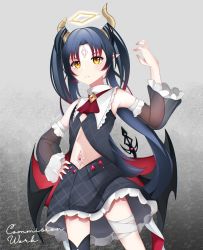 Rule 34 | 1girl, asymmetrical legwear, bandages, belly, black hair, commission, demon horns, dress, ears, hand on own hip, highres, horns, idol corp, knee up, lily sin, multicolored hair, navel, pointy ears, see-through, see-through sleeves, skirt, tail, virtual youtuber, wings